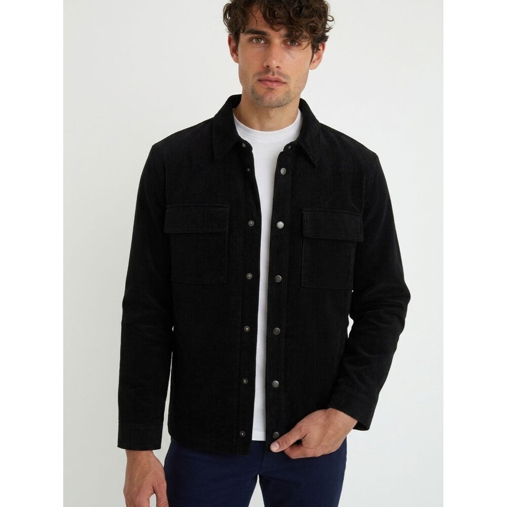 BLOOMINGDALES Shirt Jacket Mens Medium Black Corduroy Snap Up Elbow Patch $248